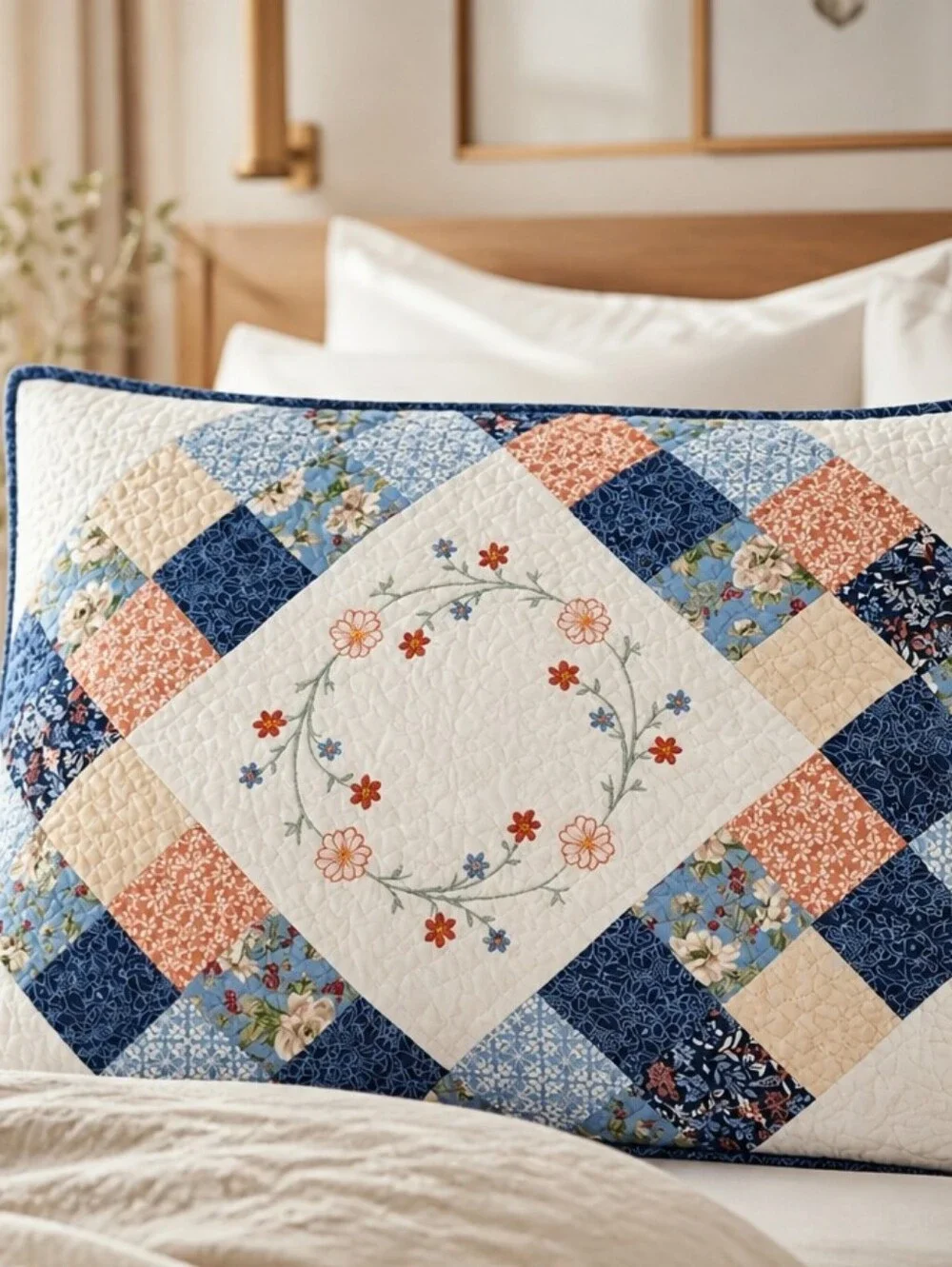 Better Homes And Harden Patchwork Floral Quilted Pillow Sham in Blue and Cream